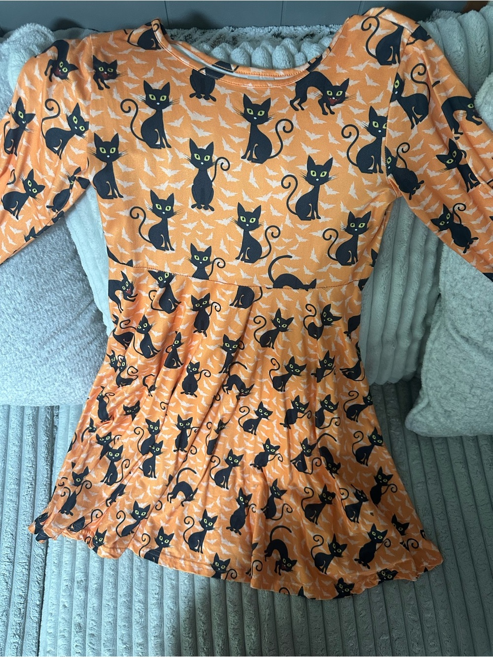 Girls' Orange Black Cat Print Dress